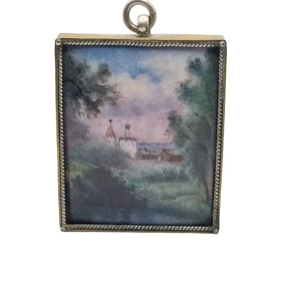 Vintage Miniature Art Piece Picture Wall Hanging Curved Ceramic Landscape Town